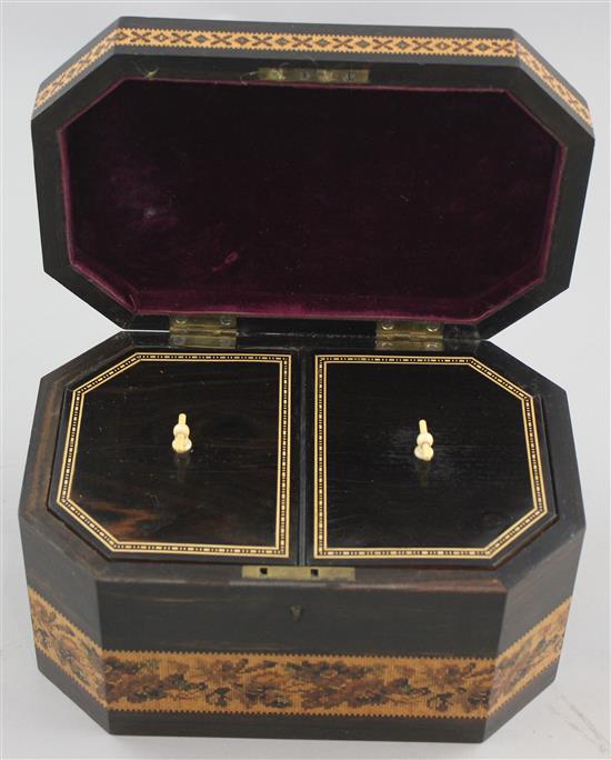 A Victorian Tunbridge ware and ebony tea caddy, by Thomas Barton, 7.75in.